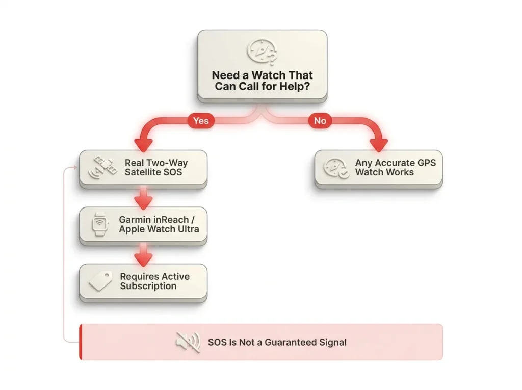 Decision flowchart helping hikers choose a GPS watch based on whether they need real two-way satellite SOS