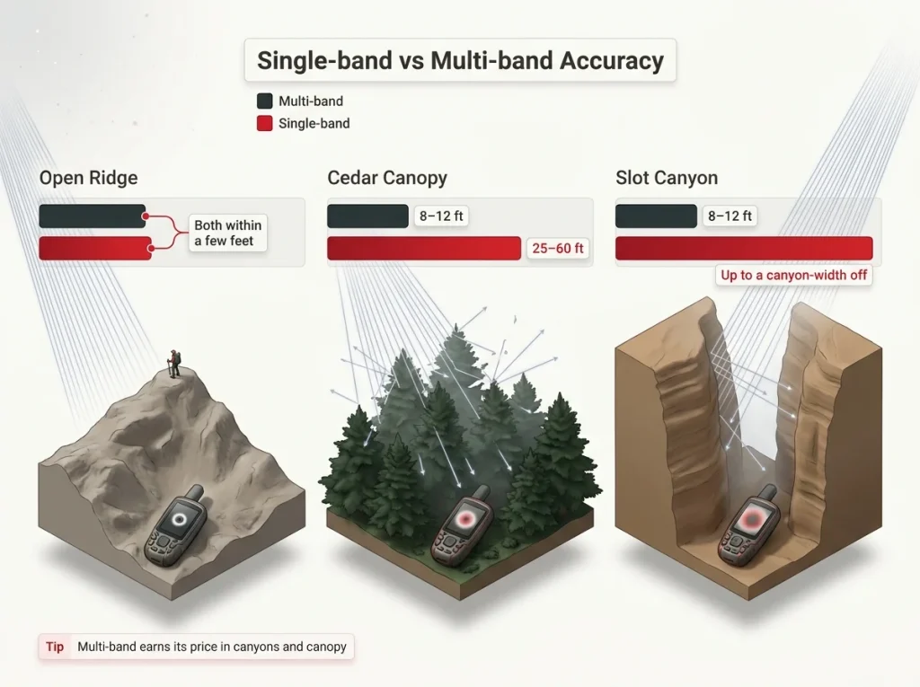 Comparison diagram showing single-band vs multi-band GPS drift under open ridge, cedar canopy, and slot canyon conditions
