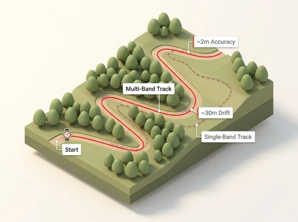 Diagram showing single-band GPS drifting off-trail versus multi-band GPS holding an accurate path through forest