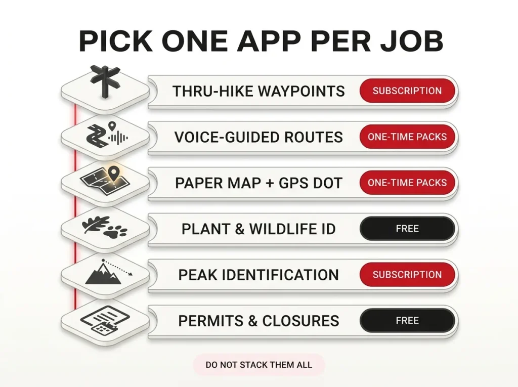 Infographic reference grid showing six specialty hiking apps, their best use case, and one-time purchase versus subscription