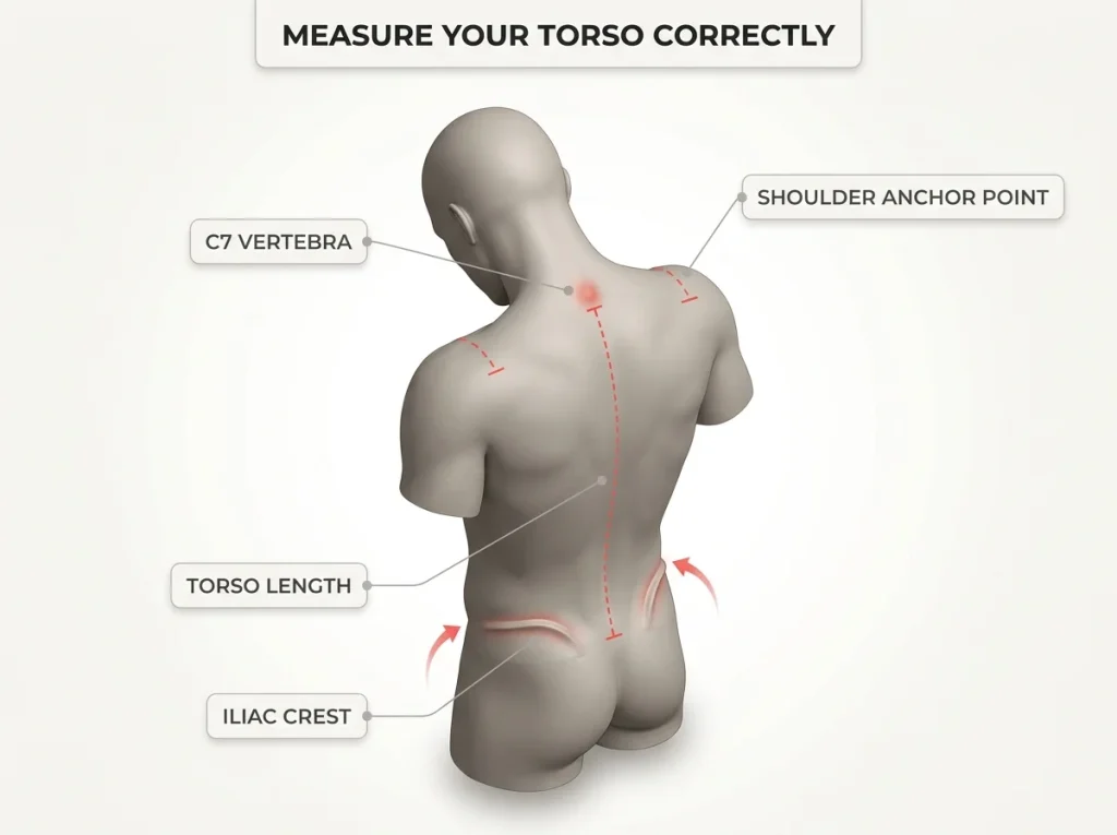 Annotated back diagram showing torso length measurement from C7 vertebra to iliac crest with shoulder anchor points