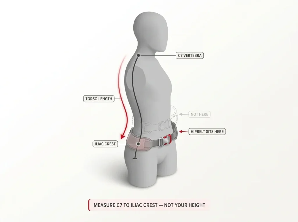 Anatomy diagram showing torso length measured from C7 vertebra to iliac crest with hipbelt correctly seated on the hip bones