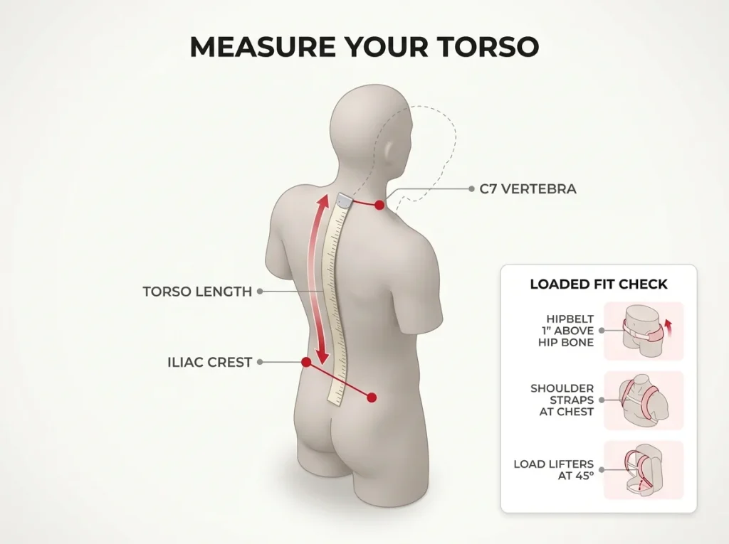 Infographic showing how to measure torso length from C7 vertebra to iliac crest with loaded-fit checkpoints