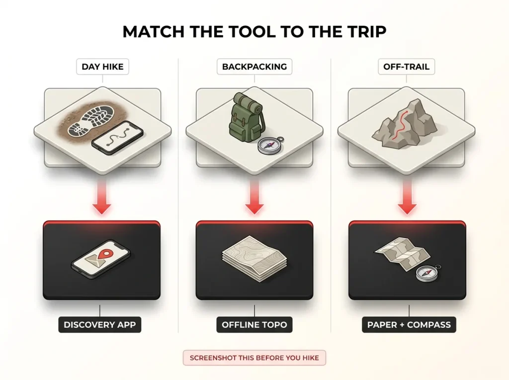 Infographic showing which navigation tool to use by trip type: day hike, backpacking, or off-trail travel