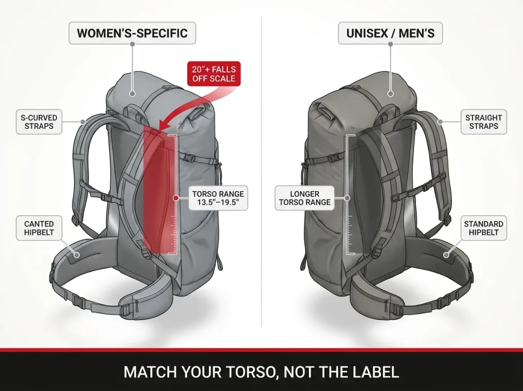 Infographic comparing women's vs unisex backpack fit with torso range bar, S-curved straps, and canted hipbelt labels