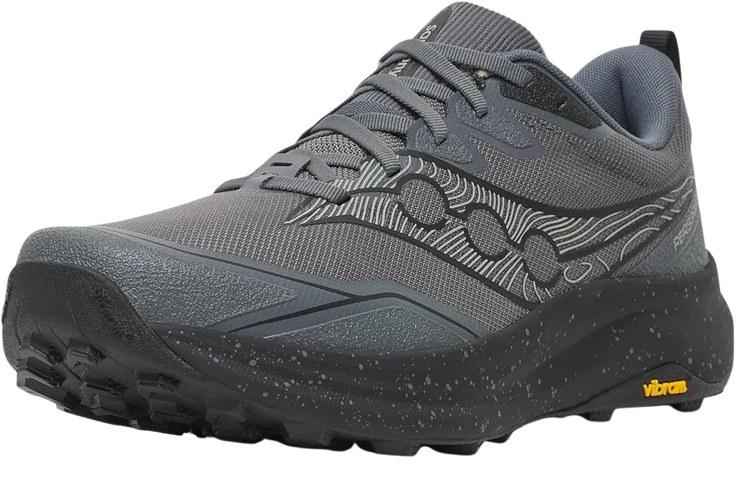 Saucony Peregrine 16 trail runner with reinforced abrasion zones for thru-hike rotation
