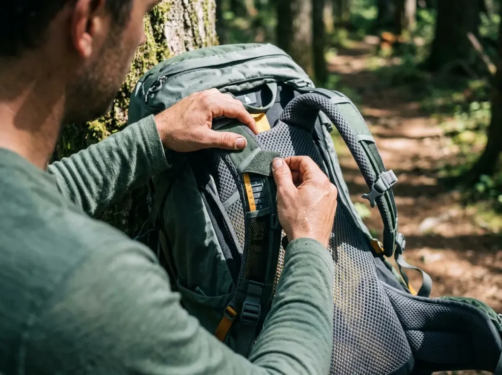 Hands sliding the adjustable torso yoke on an Osprey backpack to set torso length
