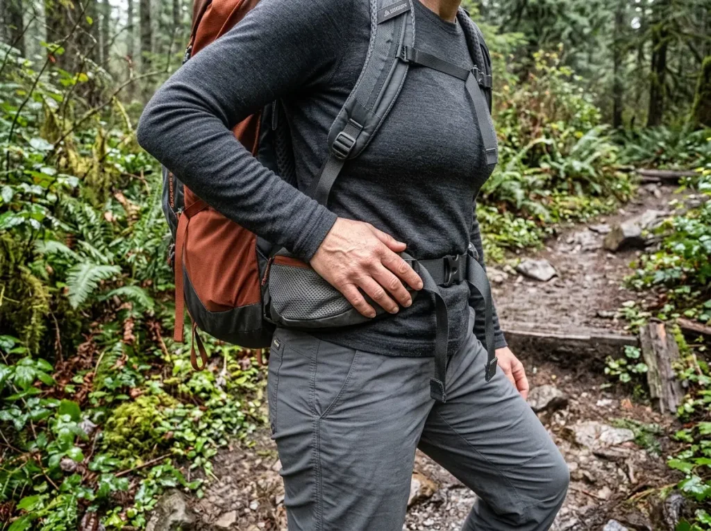 Close view of a backpack hip belt carrying the load on a hiker's hips, shoulders relaxed