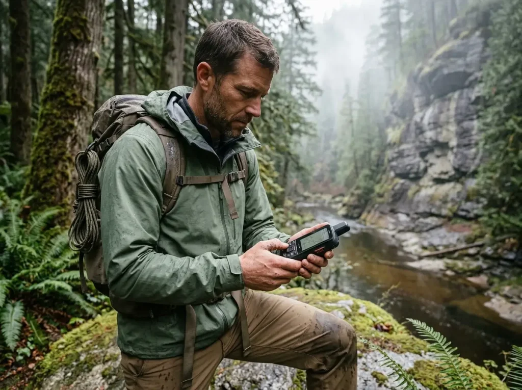 Hiker checking a Garmin handheld GPS in dense forest canyon on an overcast morning
