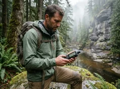 Best Handheld GPS for Hiking Hiker checking a Garmin handheld GPS in dense forest canyon on an overcast morning