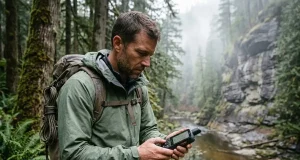 Best Handheld GPS for Hiking Hiker checking a Garmin handheld GPS in dense forest canyon on an overcast morning