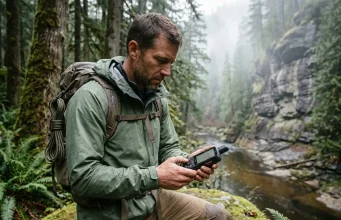 Best Handheld GPS for Hiking Hiker checking a Garmin handheld GPS in dense forest canyon on an overcast morning