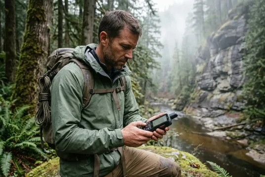 Best Handheld GPS for Hiking Hiker checking a Garmin handheld GPS in dense forest canyon on an overcast morning