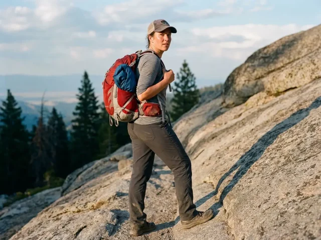best-hiking-daypack-trail-golden-hour Hiker pausing on a granite trail wearing a 22-liter Osprey daypack at golden hour