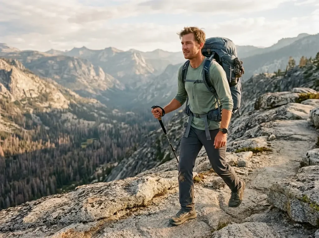 Hiker on a ridge trail wearing an ultralight Osprey Exos 58 backpack at golden hour