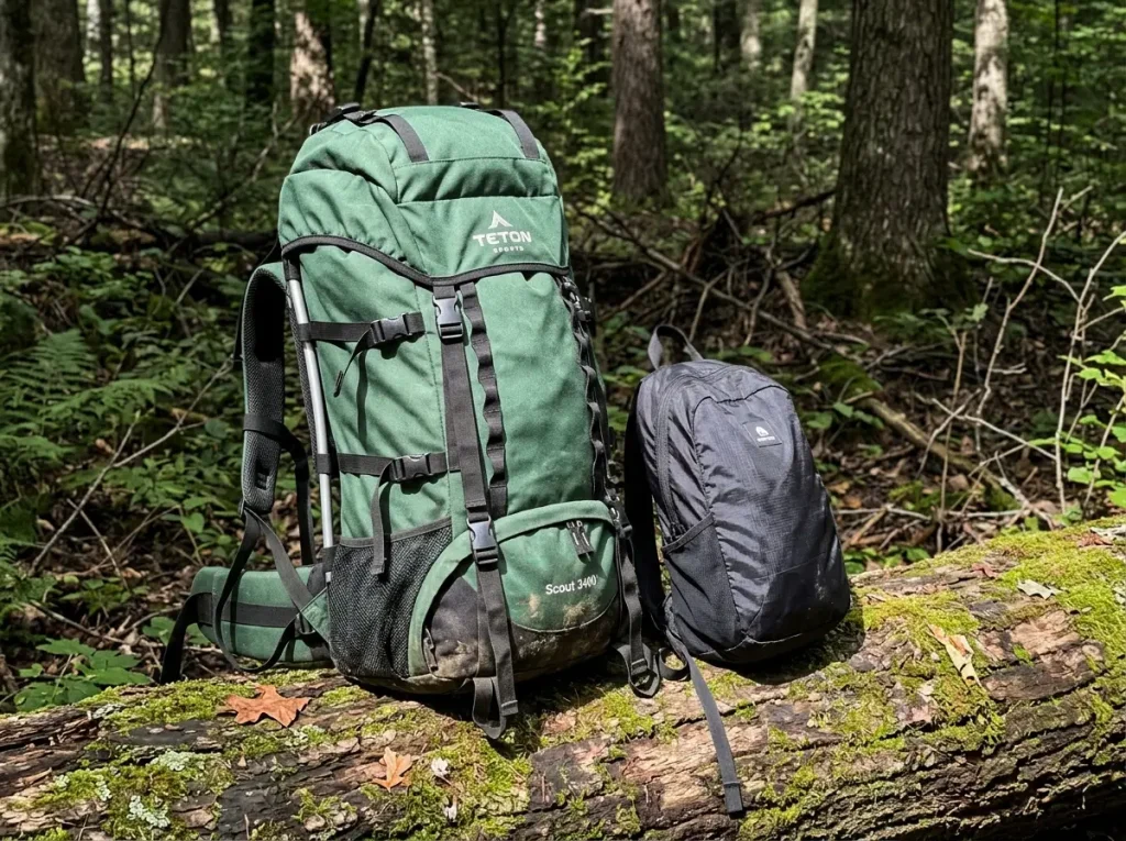 A budget adjustable-torso backpack and a packable daypack side by side on a log