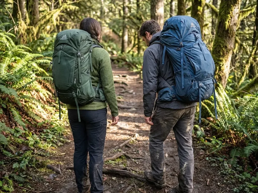 Two hikers side by side, one with a snug right-sized pack and one oversized
