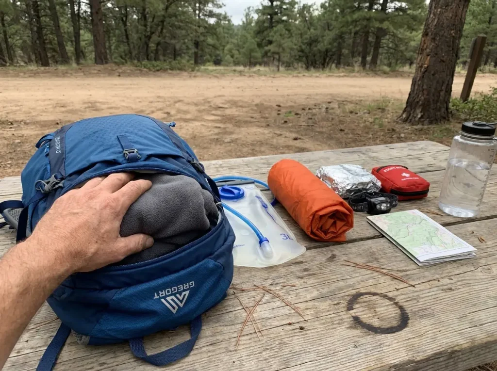 Day-hike kit laid out beside a 24-liter daypack showing what fits inside