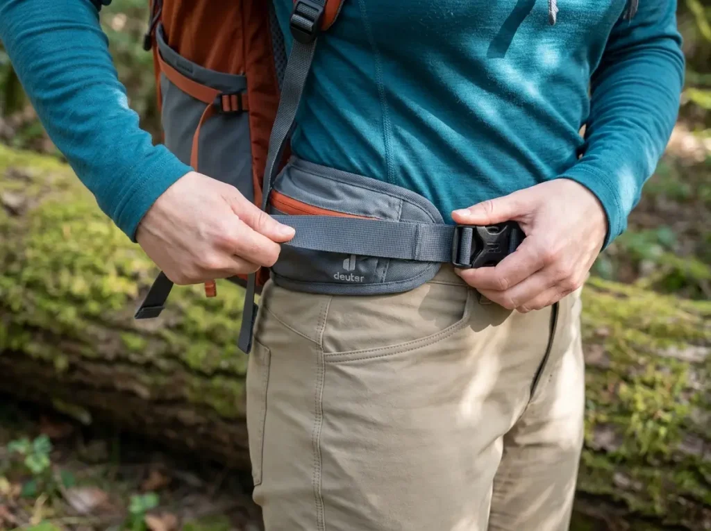 Close-up of a hiker seating a daypack hipbelt on the hip bones for proper fit
