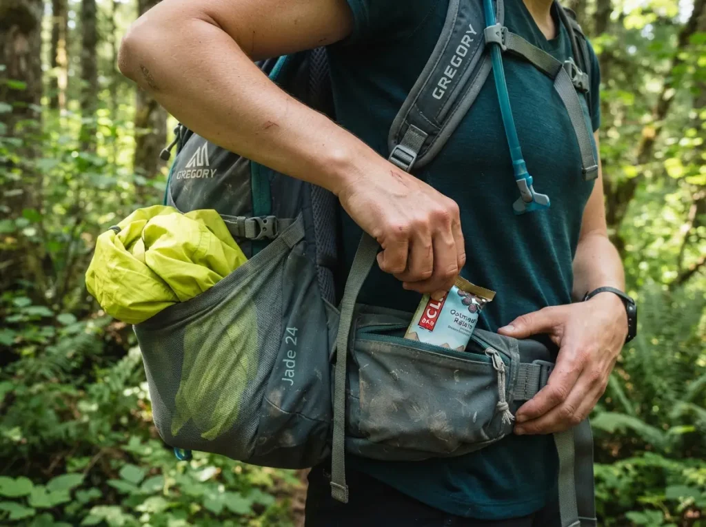 Hiker pulling a snack from a daypack hipbelt pocket with the reservoir hose clipped on