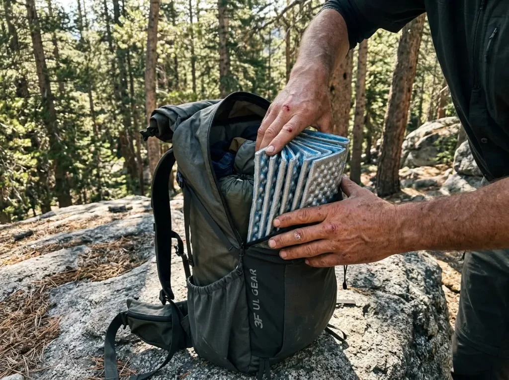Hands folding a closed-cell foam pad into a frameless backpack to build a virtual frame