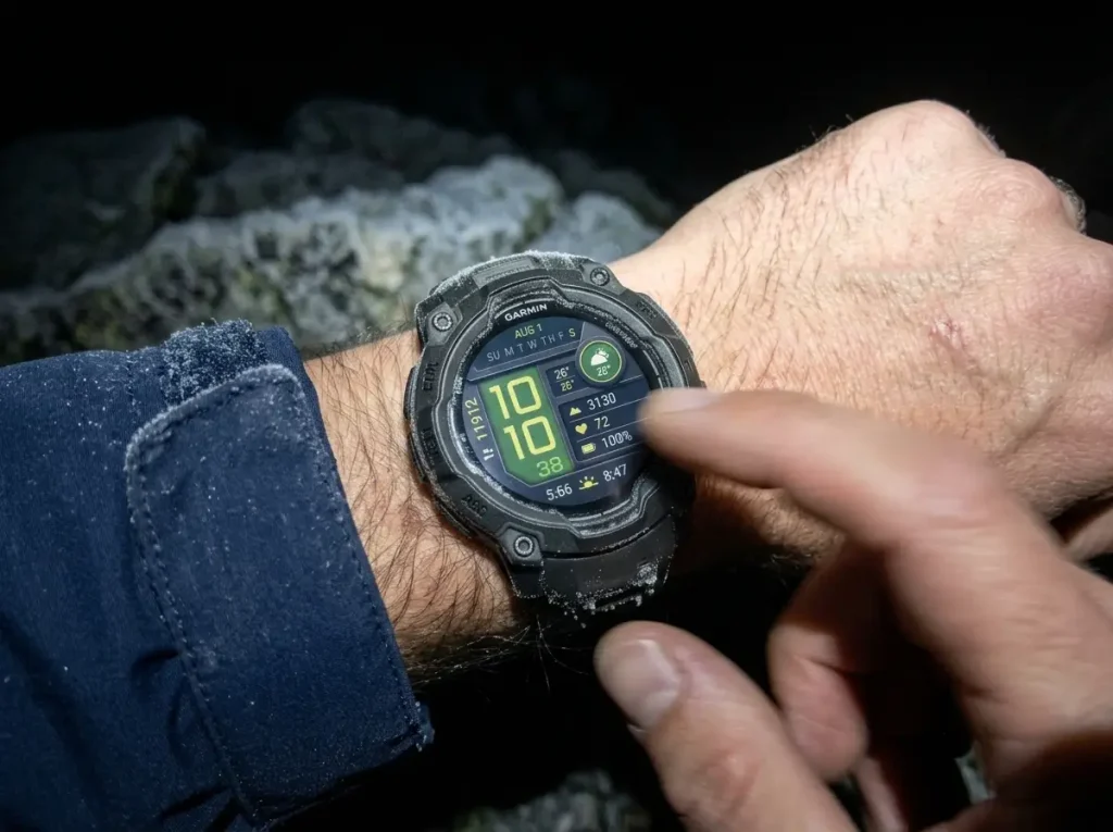 Frost on a rugged GPS watch face lit at cold dawn showing cold-weather battery drain