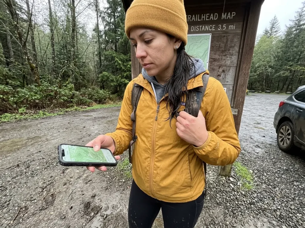 Hiker holding a smartphone with an offline trail map at a forest trailhead