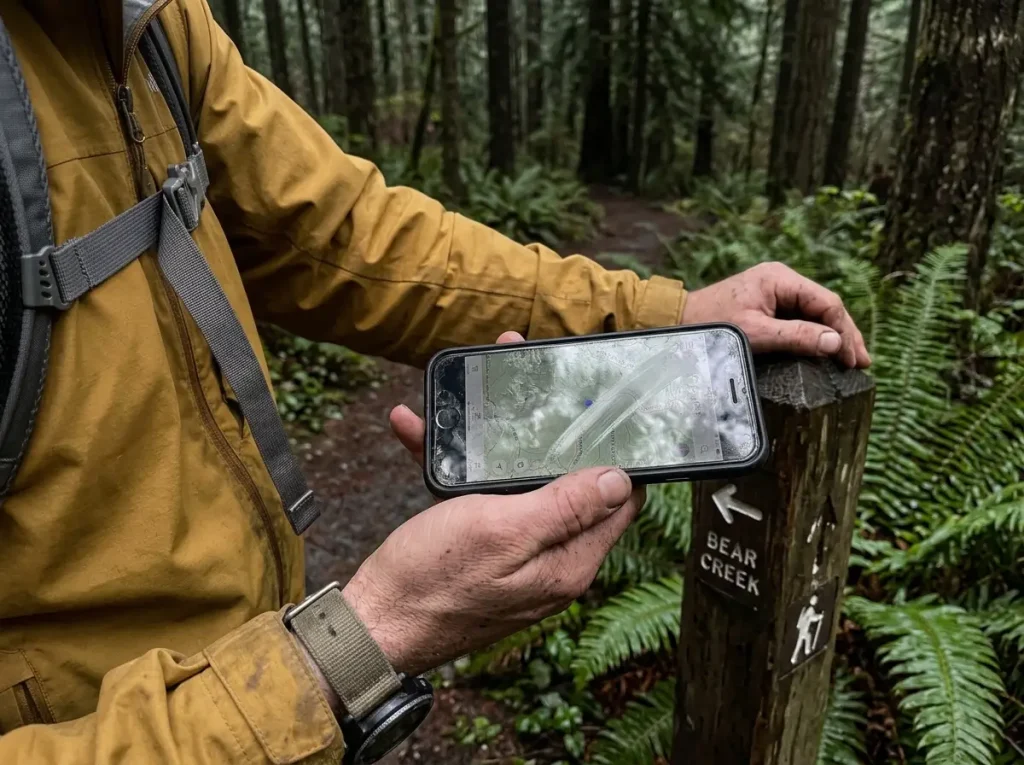 Hiker checking an offline topo map on a phone app at a trail junction before losing signal