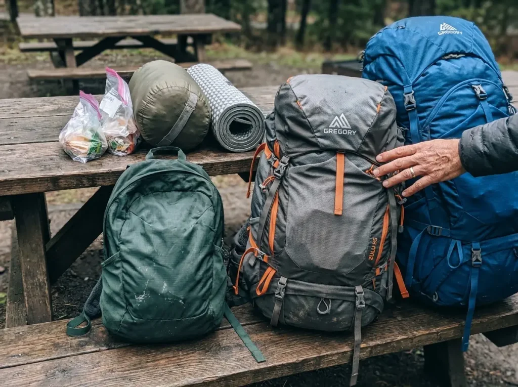 Three hiking backpacks of different liter sizes laid on a picnic table for a trip