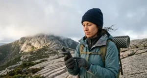 Which Hiking Navigation Devices You Actually Need Hiker checking a handheld GPS on a granite ridge, comparing hiking navigation devices on the trail