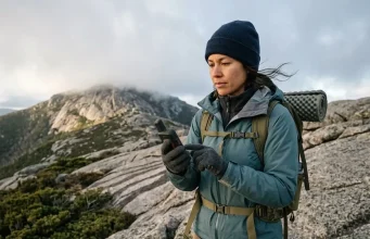 Which Hiking Navigation Devices You Actually Need Hiker checking a handheld GPS on a granite ridge, comparing hiking navigation devices on the trail