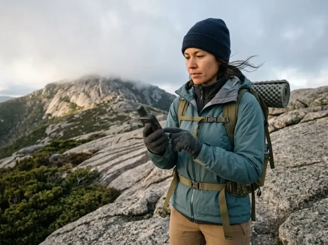 hiking-navigation-devices-gps-ridge Hiker checking a handheld GPS on a granite ridge, comparing hiking navigation devices on the trail