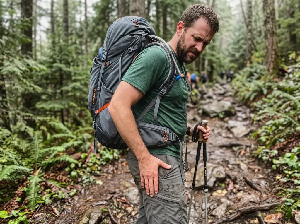 Hiker pressing a hand to the outer thigh below a hip belt, showing a nerve pressure point