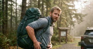 2 Numbers That Pick Your Hiking Backpack Size Hiker shouldering a loaded Osprey backpack at a trailhead, checking hip belt fit