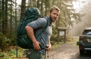 2 Numbers That Pick Your Hiking Backpack Size Hiker shouldering a loaded Osprey backpack at a trailhead, checking hip belt fit