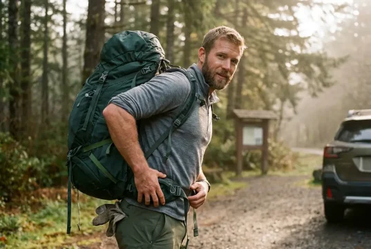 2 Numbers That Pick Your Hiking Backpack Size Hiker shouldering a loaded Osprey backpack at a trailhead, checking hip belt fit
