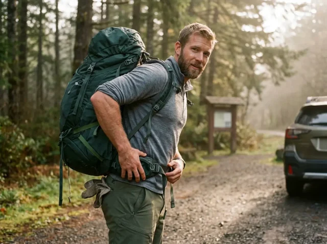 how-to-choose-hiking-backpack-size-fit-hero Hiker shouldering a loaded Osprey backpack at a trailhead, checking hip belt fit