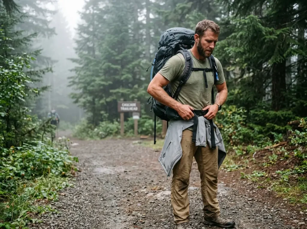 Hiker adjusting a properly fitted backpack hip belt on the iliac crest at a trailhead
