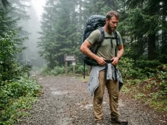 Backpack Hurting Your Shoulders? Fix the Fit Bottom-Up Hiker adjusting a properly fitted backpack hip belt on the iliac crest at a trailhead