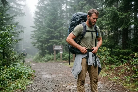 Backpack Hurting Your Shoulders? Fix the Fit Bottom-Up Hiker adjusting a properly fitted backpack hip belt on the iliac crest at a trailhead
