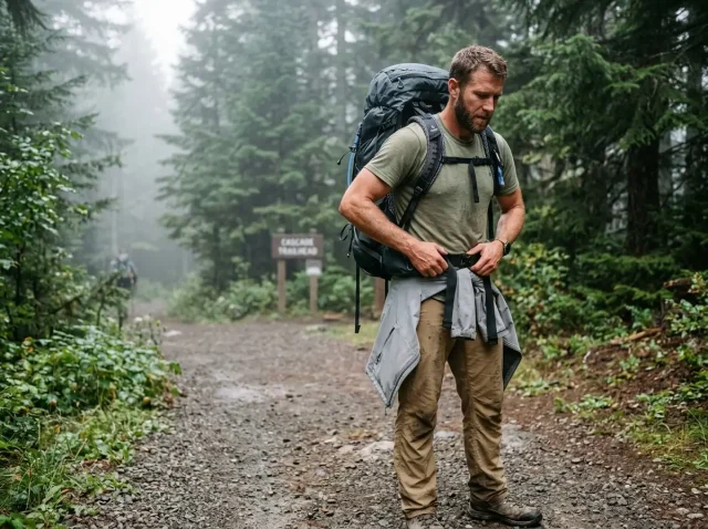 how-to-fit-a-backpack-properly-hero Hiker adjusting a properly fitted backpack hip belt on the iliac crest at a trailhead