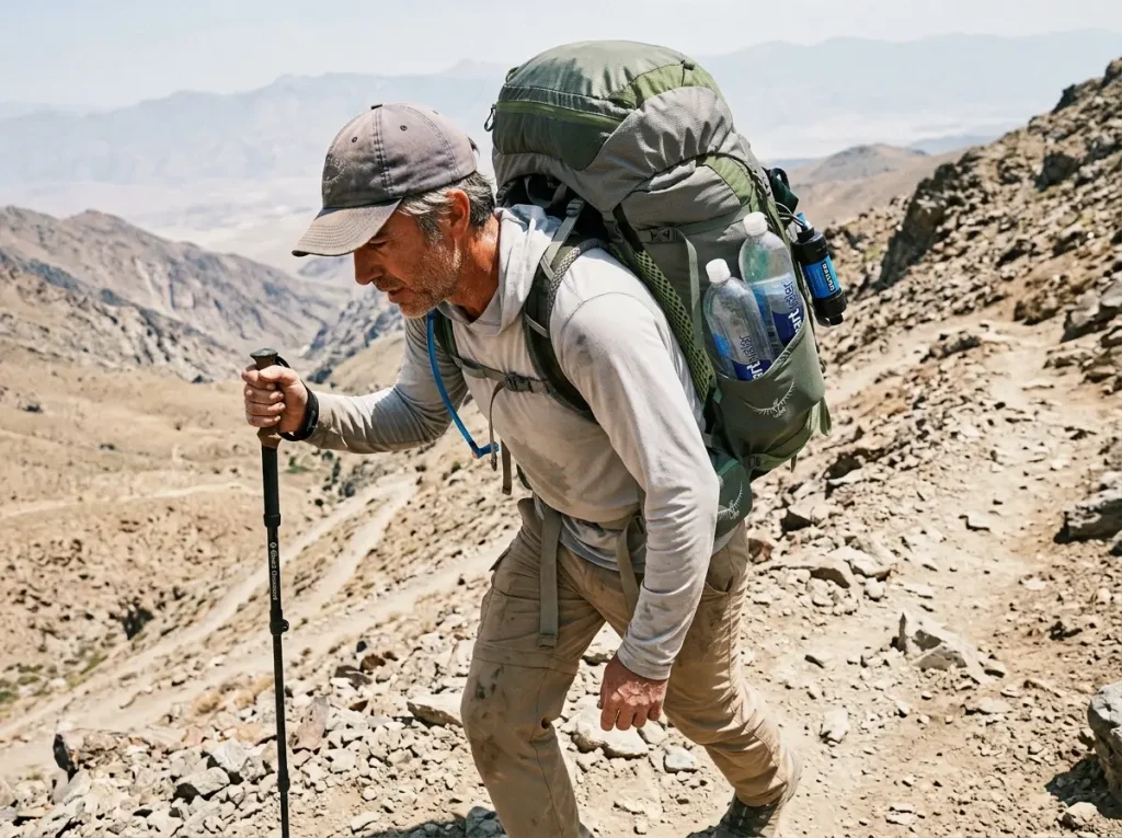 Hiker leaning into a heavy water-laden ultralight pack on an exposed desert switchback
