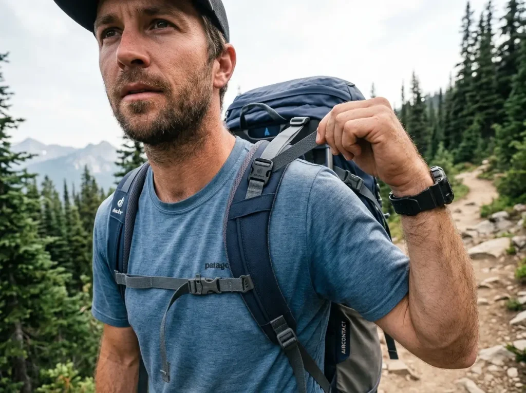 Load lifter strap angled at about 45 degrees on a loaded backpack shoulder