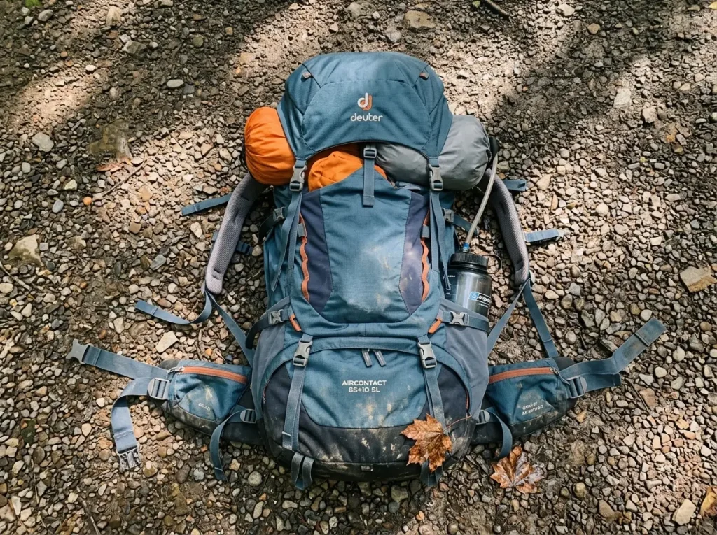 A loaded backpack on the ground with every strap fully loosened before fitting