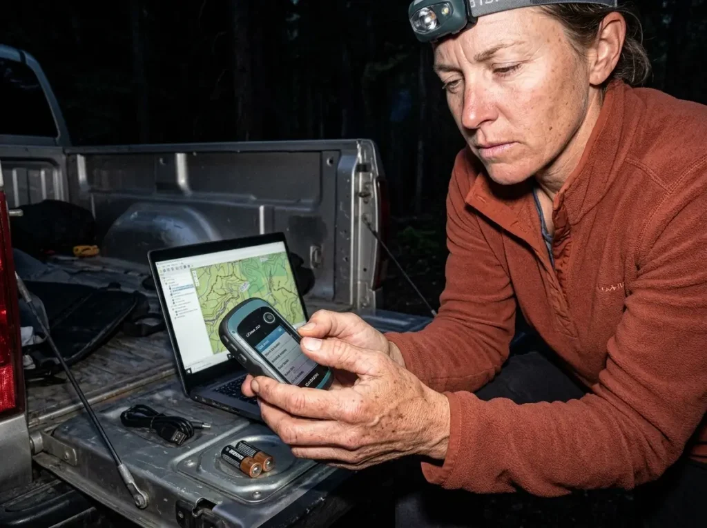 Hiker loading a route onto a Garmin eTrex handheld GPS at a tailgate at dusk