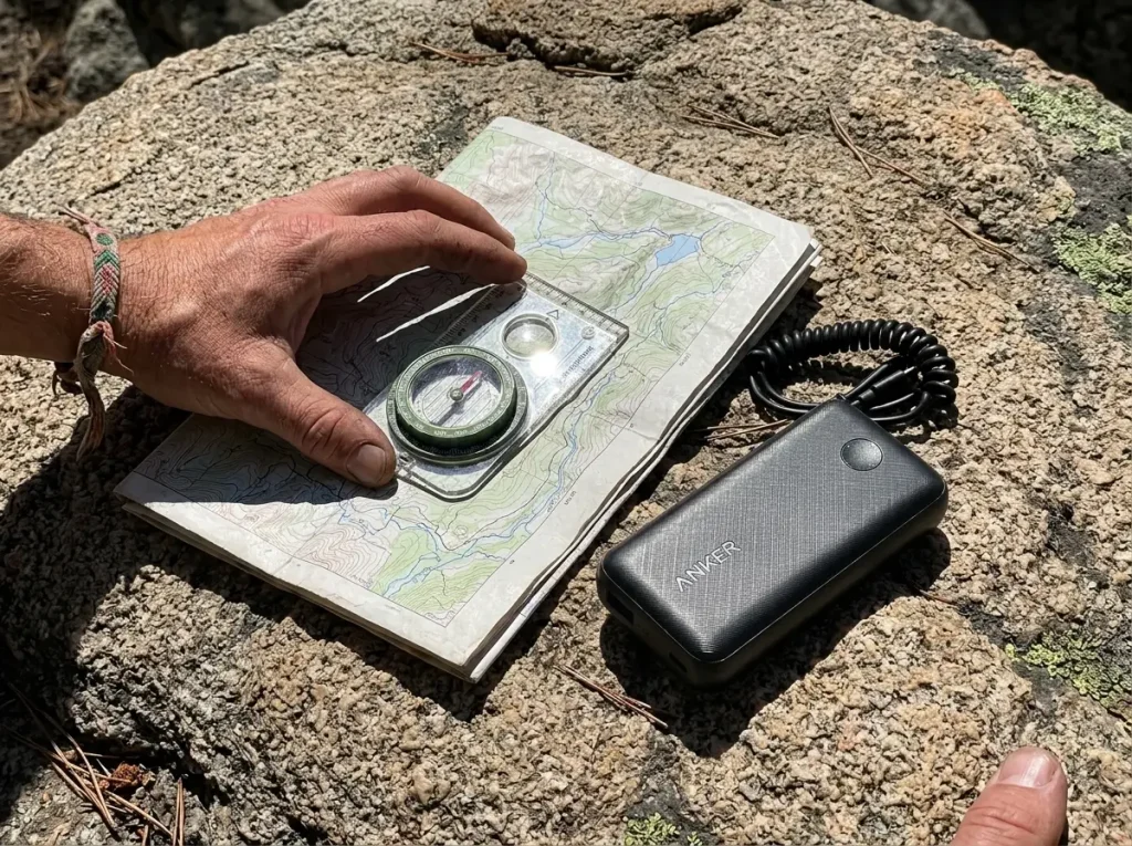 Paper map, baseplate compass and power bank on rock showing a layered navigation backup
