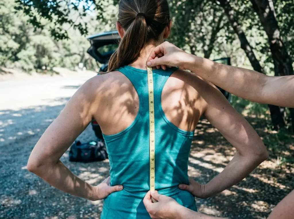 Measuring a hiker's torso length with a flexible tape from neck to hip line