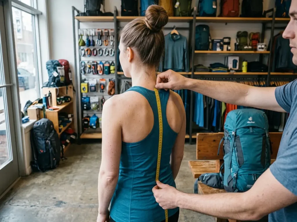 Measuring torso length from the C7 vertebra to the iliac crest before sizing a backpacking pack