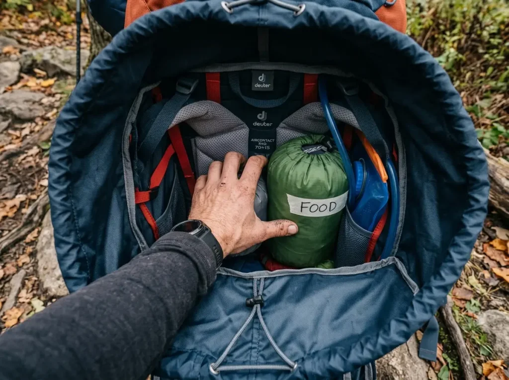 Heavy gear packed high and against the back panel inside an open backpacking pack