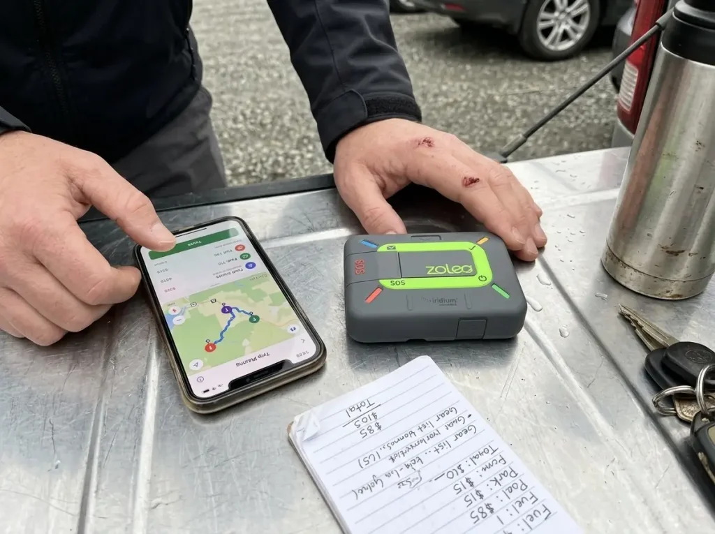 Satellite messenger and phone on a truck tailgate while a hiker plans a trip and its costs